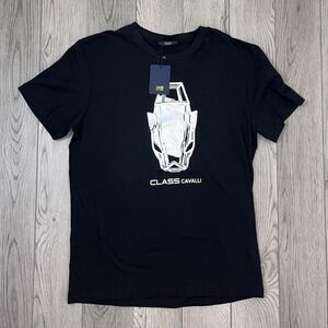 Cavalli Class Black Men Size XL Graphic Cotton Crewneck Short Sleeve Tee Shirt